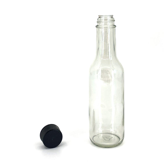 5 oz Clear Glass Classic Woozy Bottle with Black Ribbed Cap and Foam Liner