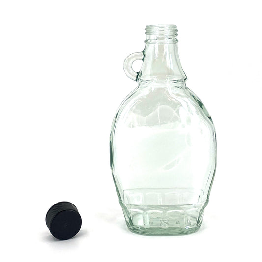 8 oz Clear Glass Maple Flask with Black Ribbed Cap and Foam Liner